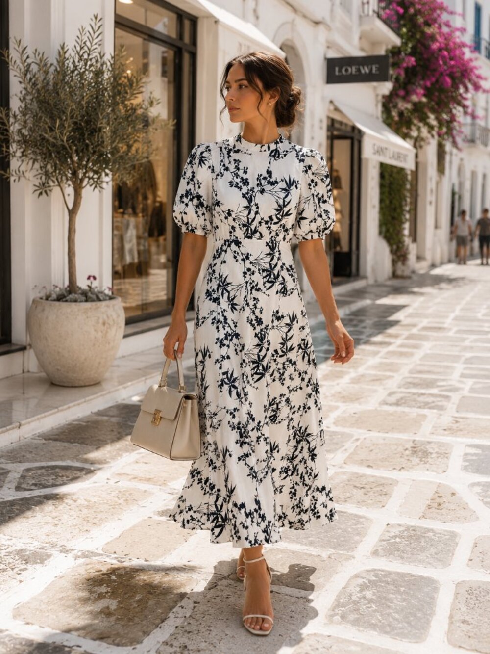Zara 100% Cotton Black White Floral Maxi Dress Puff Sleeve Parisian Chic XS